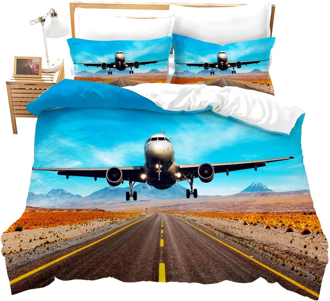 Feelyou Boys Duvet Cover Set Twin Size for Kids Children Teens Aviation Aircraft Runway Bedding Set 3D Airplane Comforter Cover with 1Pillow Shams Zipper Ultra Soft Microfiber 2 Pcs