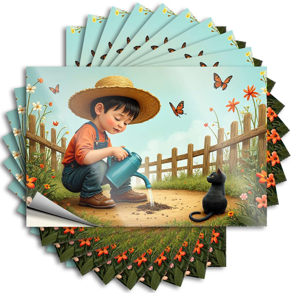 Fzfn Girls Colour Bumper Sweet Easy Apply | A Child Watering Flowers With A Cat Nearby. Snarky Tumbler Peel And Stick(12X18cm)