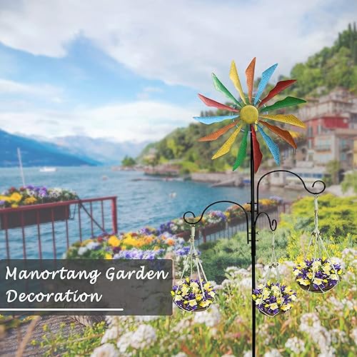 Miniatura 7 de Molinillos de viento de 95 pulgadas para patio, molino de viento cinético, ganchos de pastor para exteriores de metal para jardín, decoración de