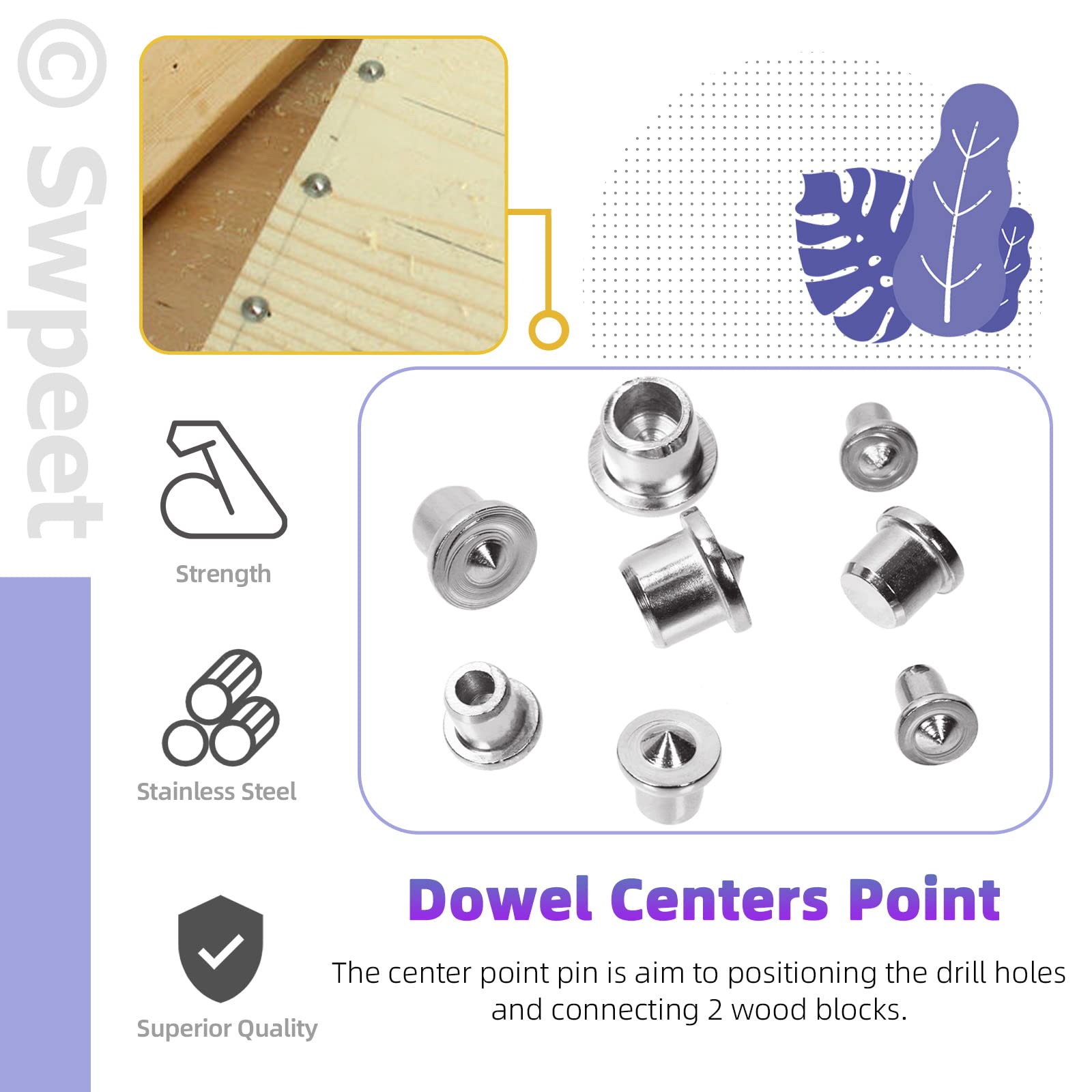 Swpeet 505 pezzi 4 misure 1/4" 5/16" 3/8" 1/2" perni di legno scanalati dritti con cilindro centrale tasselli in legno, kit assortimento, tasselli e tenoni centrali di trasferimento punto per mobili