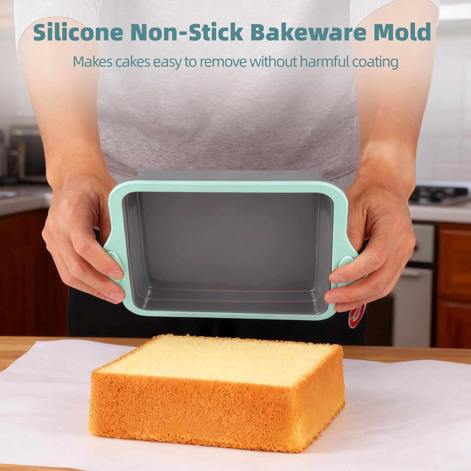 Stackable Silicone Bakeware Set 4 Pcs, Non-Stick, Metal Frame & Grip Handles, For Baking Round, Square, Muffin, Loaf Cakes