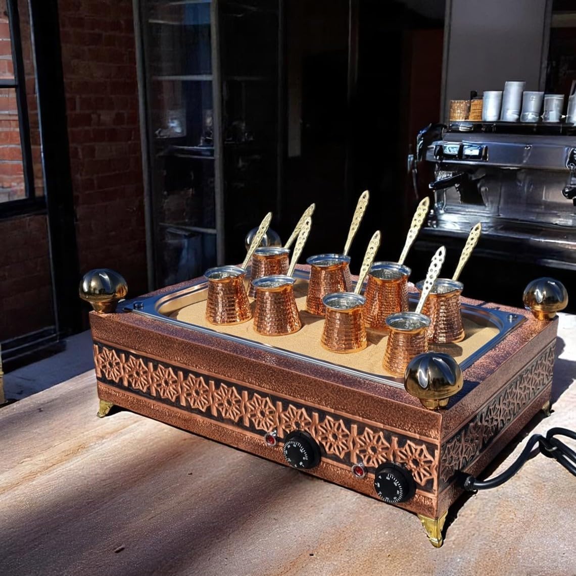 Traditional Handcrafted Copper Sand Coffee Maker Machine – With 8-Pots – 2000 Watt, 110 Volt – Authentic Turkish Coffee Experience rich in foam