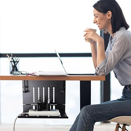 Miniatura 8 de LUKETURE Almacenamiento lateral de escritorio, soporte para laptop con bandeja de gestión de cables, soporte de acero 2 en 1 para debajo del