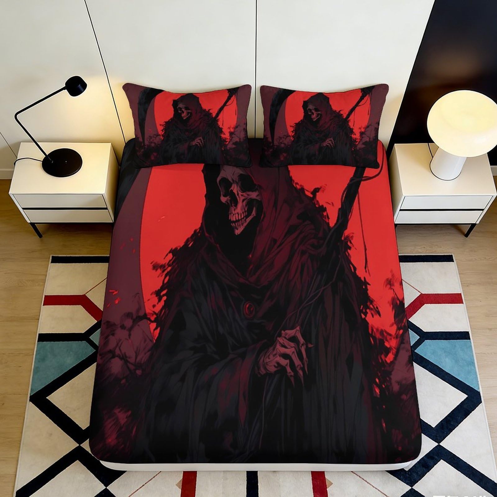3D Printed Grim Reaper Fitted Sheet Microfiber Red Black Gothic Skull Mattress Cover Bedroom Decor 90x200x25cm