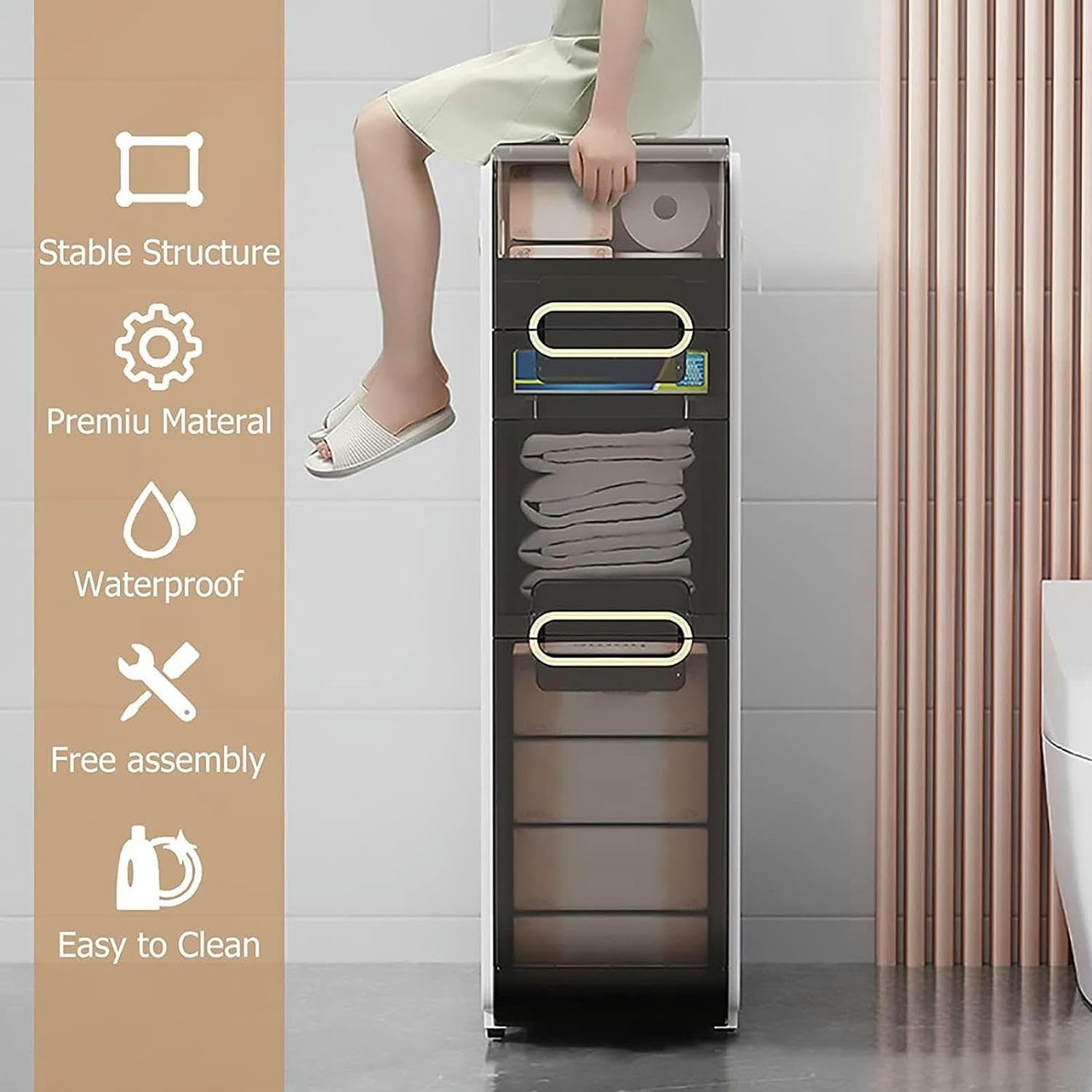 Mobiletto Stretto Da Bagno 4 Ripiani Con Ruote - Salvaspazio Per Cucina E Lavanderia - 3