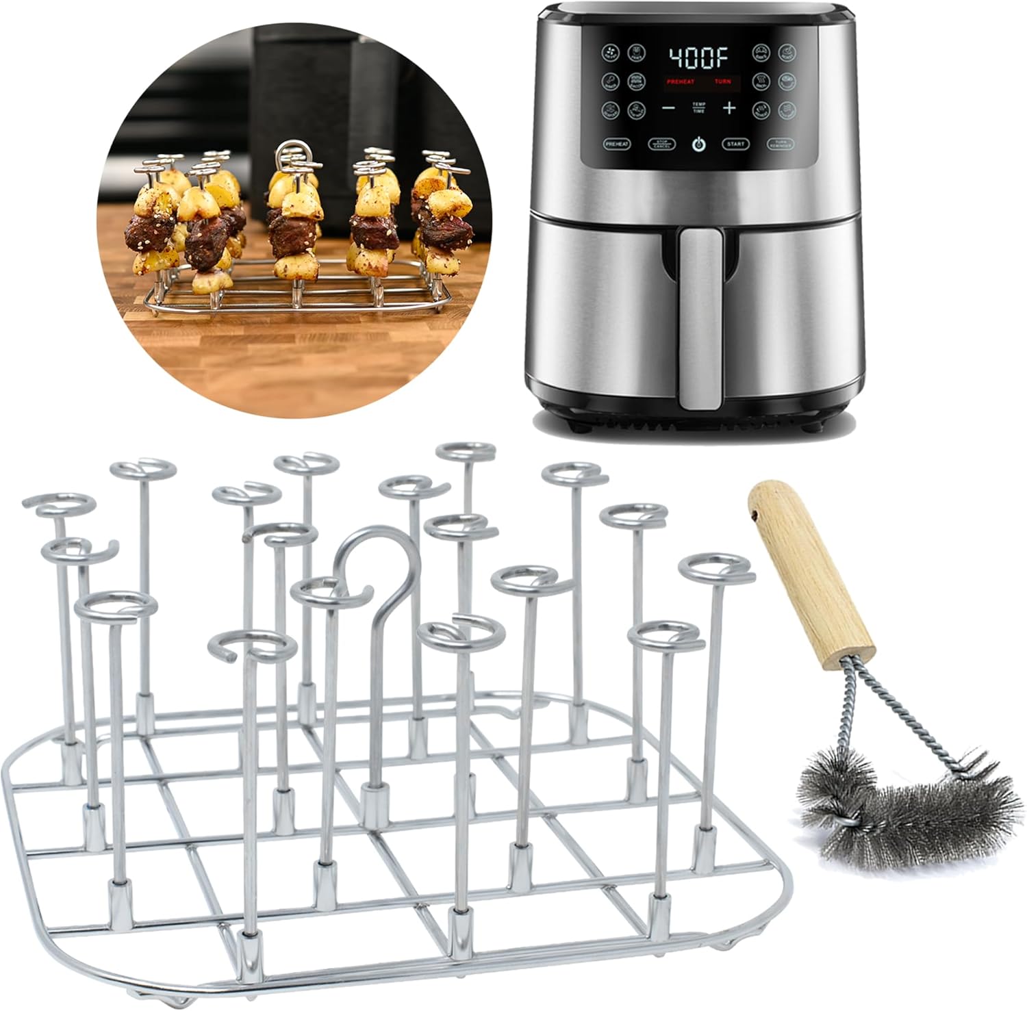 Air Fryer Accessories Skewer Rack Compatible with Ninja, Power XL, Gourmia, Gowise, Chefman, Instant, Toasters, Stainless Steel Airfryer Kabob Accessory for Square Baskets by INFRAOVENS