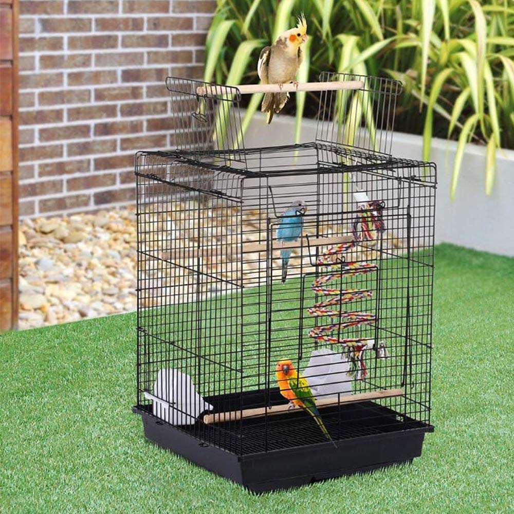 Jaula para pájaros portátil, jaula de pájaros interior con asa, tejados abovedados corredizos, equipadas con percha de madera, alimentadores, jaula de cría de aves y periquito canario, 40 x 40 x 58 cm