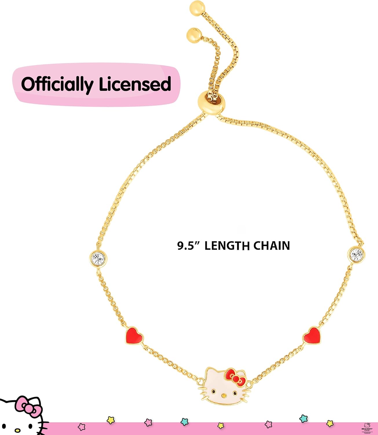 Hello Kitty Gold Lariat Bracelets for Women – Officially Licensed Sanrio Jewelry with CZ, Pearls & Pendant Styles