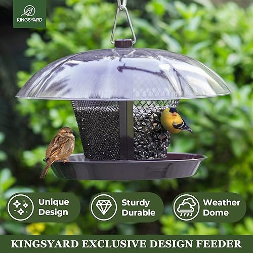Miniatura 2 de Kingsyard Comedero para pájaros para exteriores, de malla metálica de doble uso, con cúpula doble resistente a la intemperie, capacidad de semillas