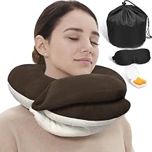 BUYUE Travel Neck Pillows for Airplanes, Memory Foam 360 Head Support Sleep for Long Flight, Skin-Friendly & Breathable, Kit with Eye Mask, Earplugs and Storage Bag Adult, Brown, 90+ lbs