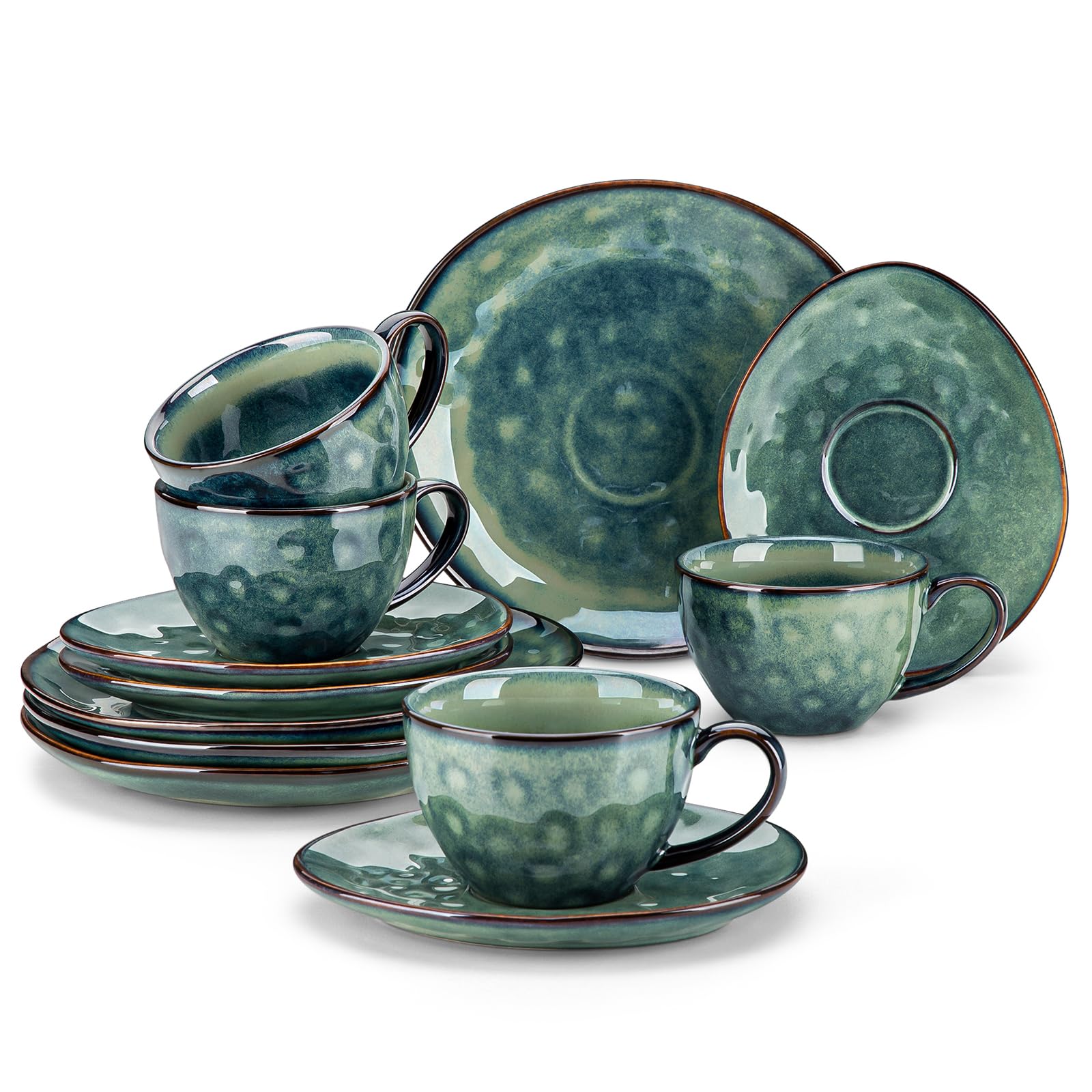 vancasso serie Starry Juego de Taza y Platillo 12 piezas con 4 Tazas, 4 Platillos y 4 platos de postre, Vajillas de Gres para Desayuno/Café, 270 ML Tazas de Café per 4 Persone, Irregular Esmalte Verde