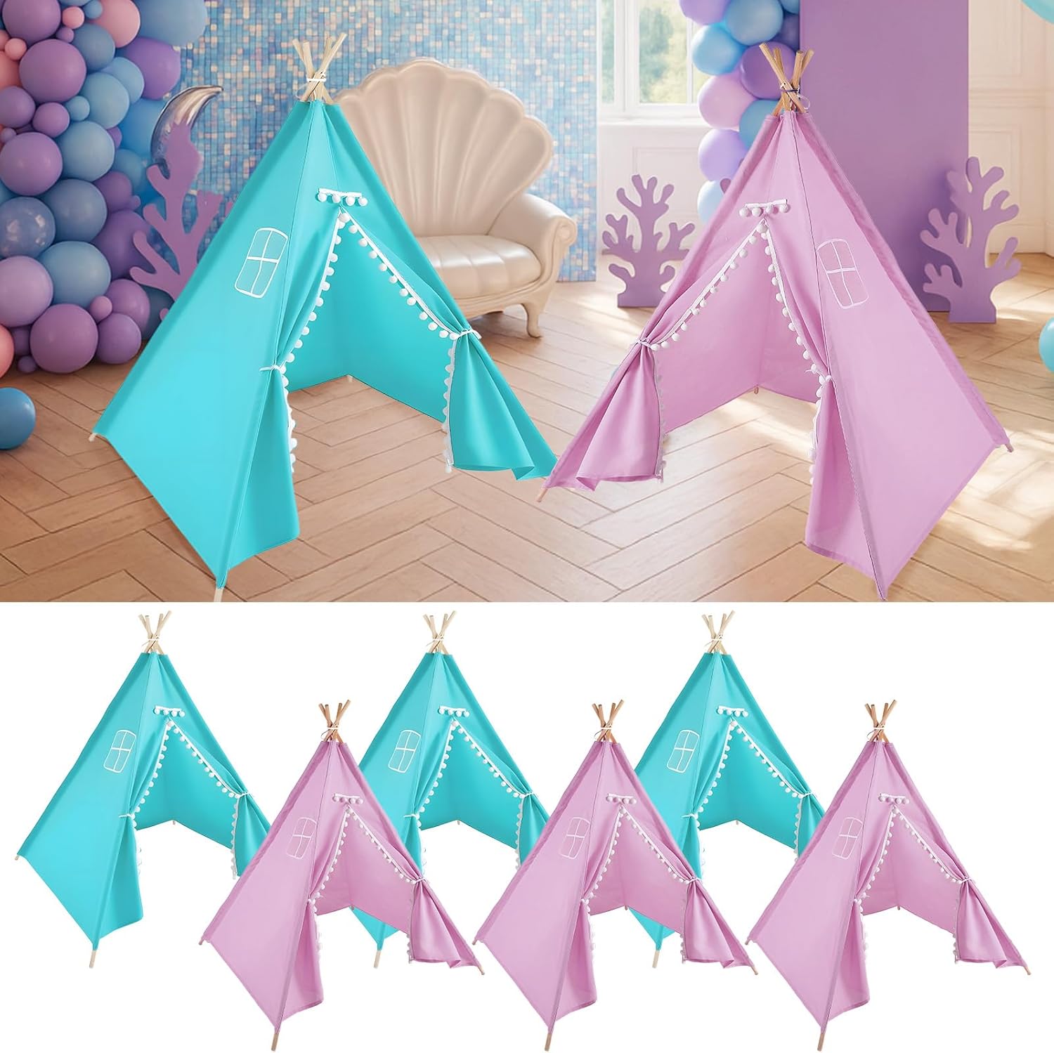 Windyun 6 Pcs Kids Teepee Tent Foldable Washable Indoor Outdoor for Boys Girls Toddler Boho Sleepovers Birthday Pajama Party Spa Supplies (63 Inch,Teal, Light Purple)