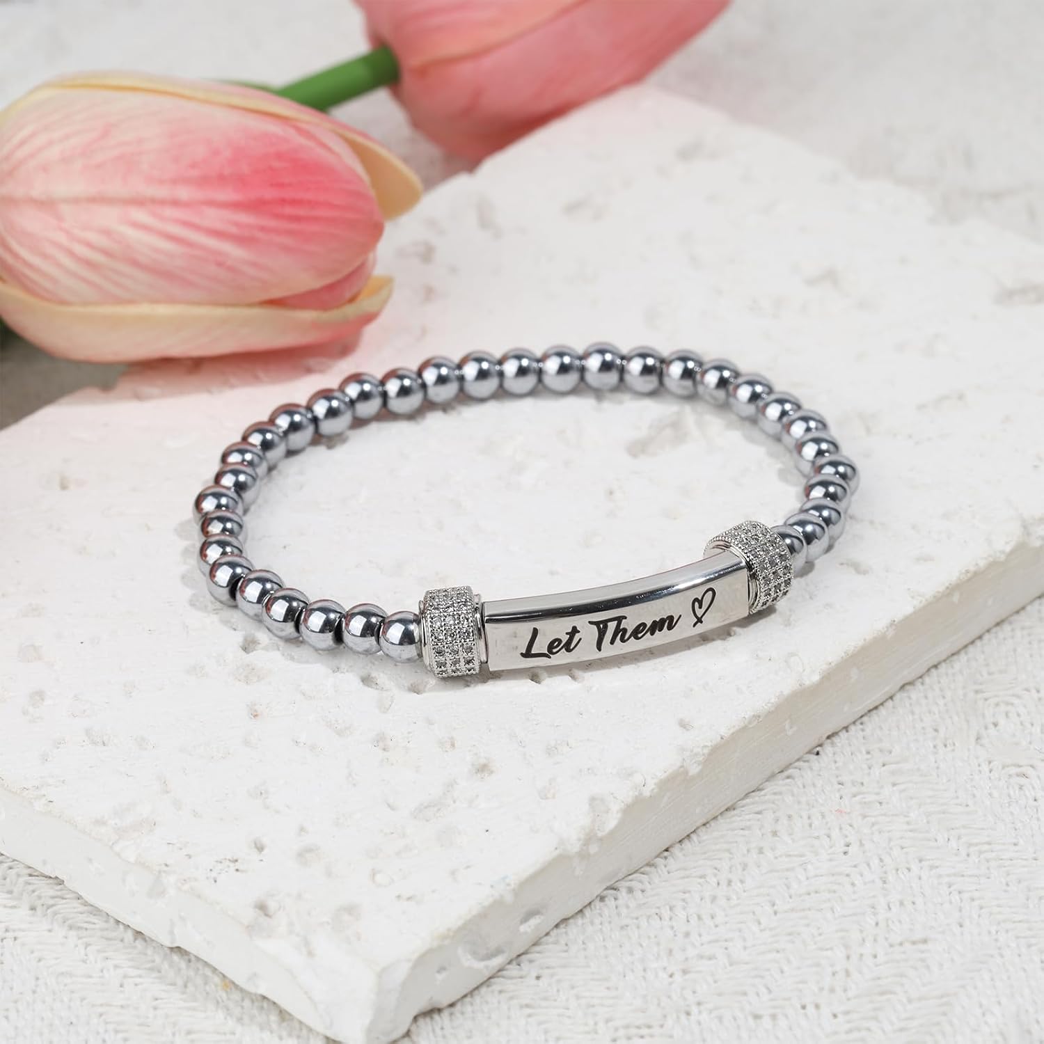 Let Them Diamond Beaded Stretch Bracelet Dainty Self Worth Motivational Stainless Steel Engraving Bracelets Crystal Energy Friendship Bracelet Jewelry Gifts for Women Men - Image 4