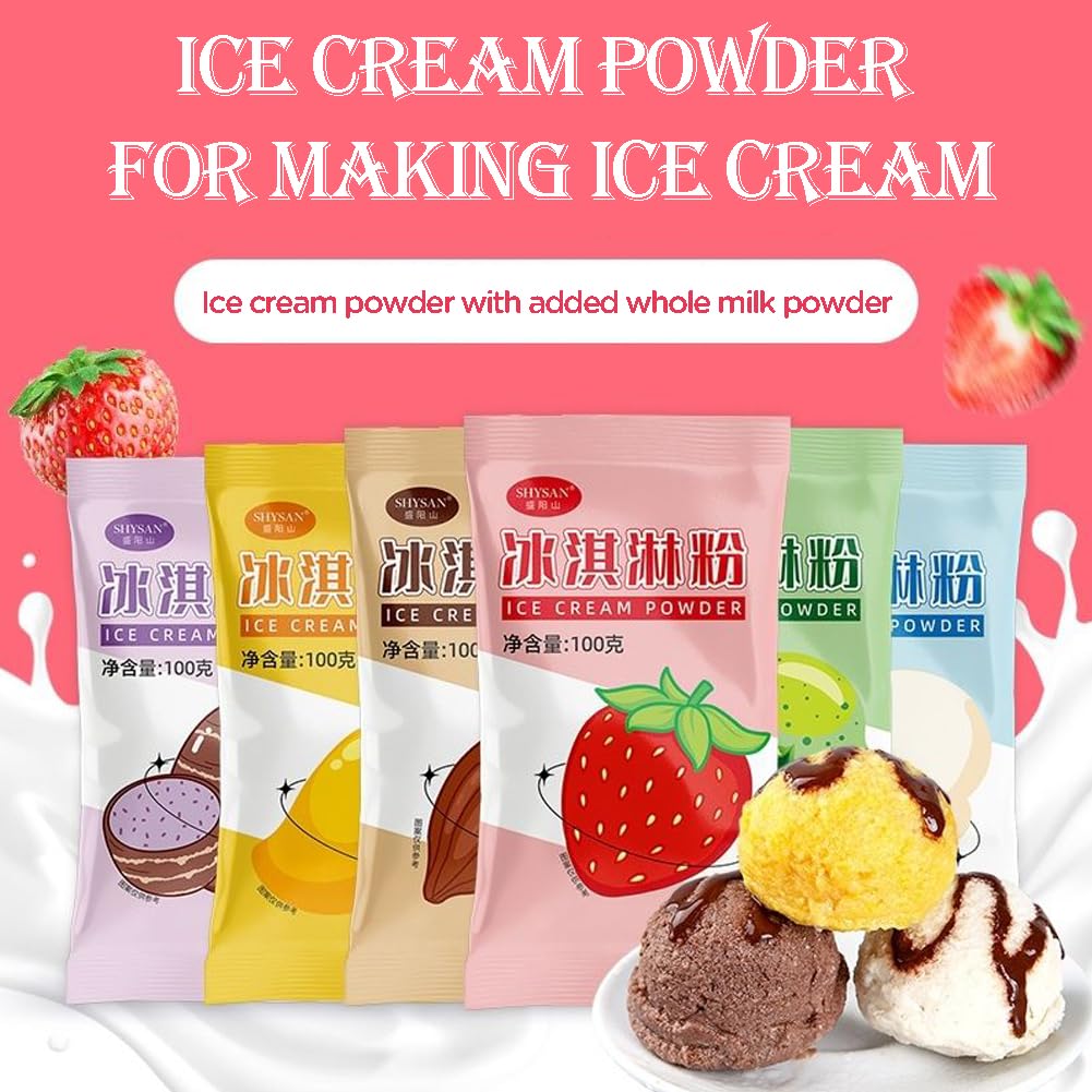 DAMAICHUHAI Préparation pour Glace, Poudre pour Crème Glacée Maison - Kit de 6 Sachets de 100g avec 6 Saveurs Variées (Chocolat, Fraise, Matcha, Taro, Vanille, Cacao) - Idée Cadeau, Facile et Rapide