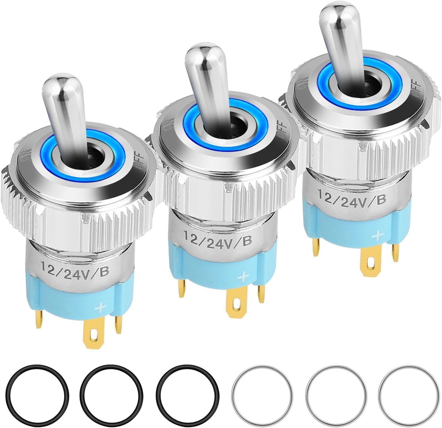 Linkstyle LED Toggle Switch, 3 PCS Waterproof 12V 20A SPST Car Dash Dashboard ON/OFF Switch with Blue Light, 2 Pin 2 Position Metal Miniature Toggle Switch for Car Truck Boat