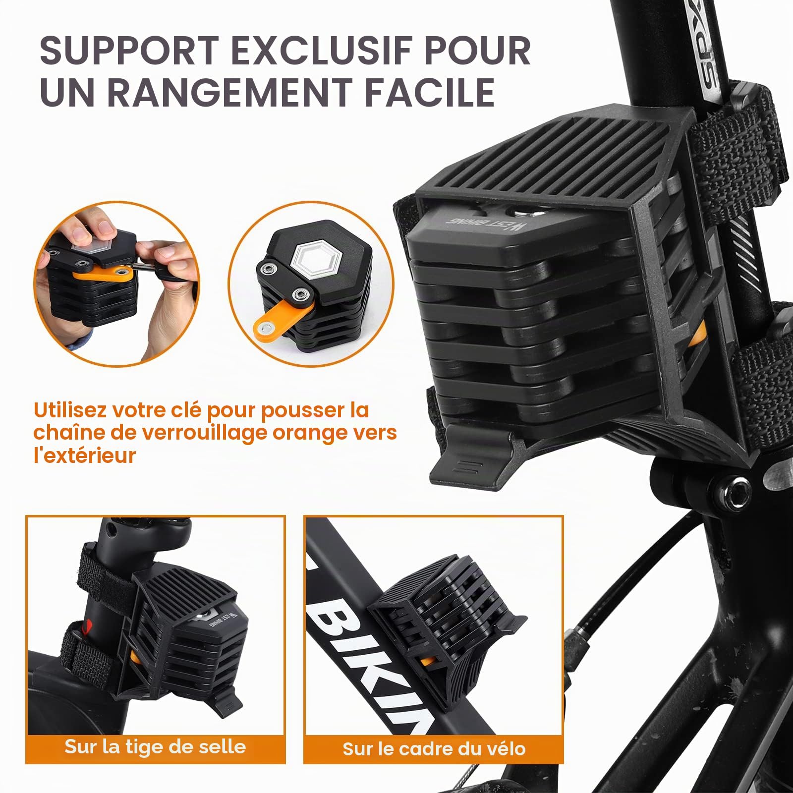 ICOCOPRO Antivol pliable pour vélo - 85 cm - Avec support - Haute sécurité - Noir