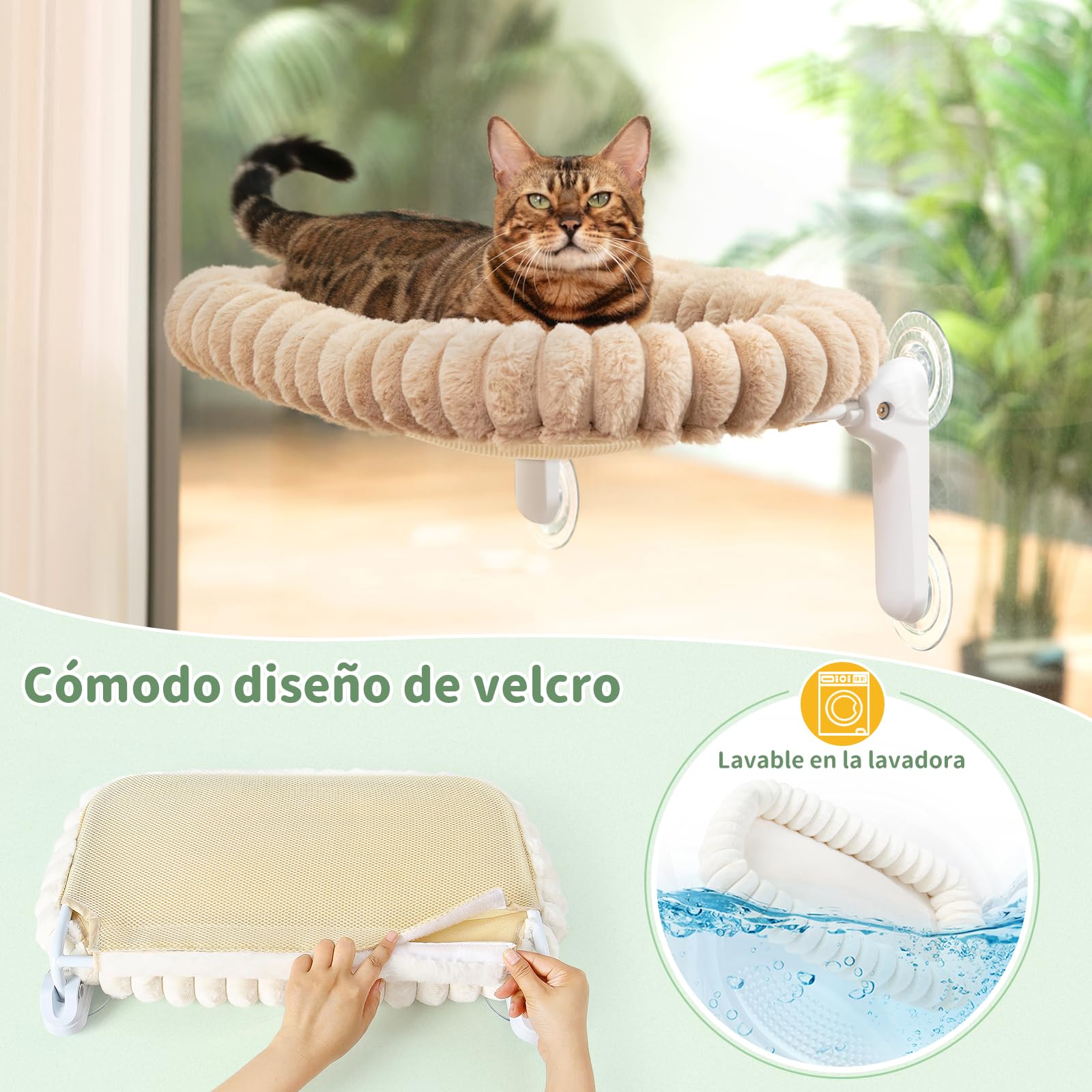 GUUSII HOME Hamaca Gato Ventana Plegable Cama con Ventosa Fuerte Gatos Grande Colgante Soporte Camita para Gatitos de Interior con Alfombra Reversible Cat Window Perch Bed 54 * 30cm (Camello Claro, M)