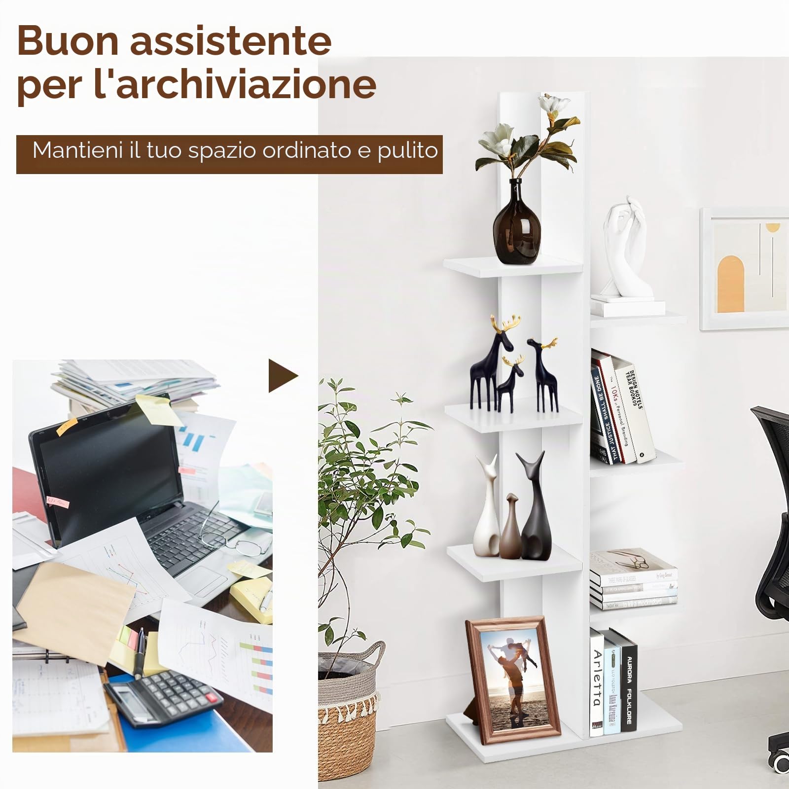 GIANTEX Libreria stretta con 8 ripiani, 50 x 20 x 141 cm, scaffale per decorazioni, piante, libri e CD, scaffale decorativo autoportante per soggiorno, studio e ufficio (bianco)