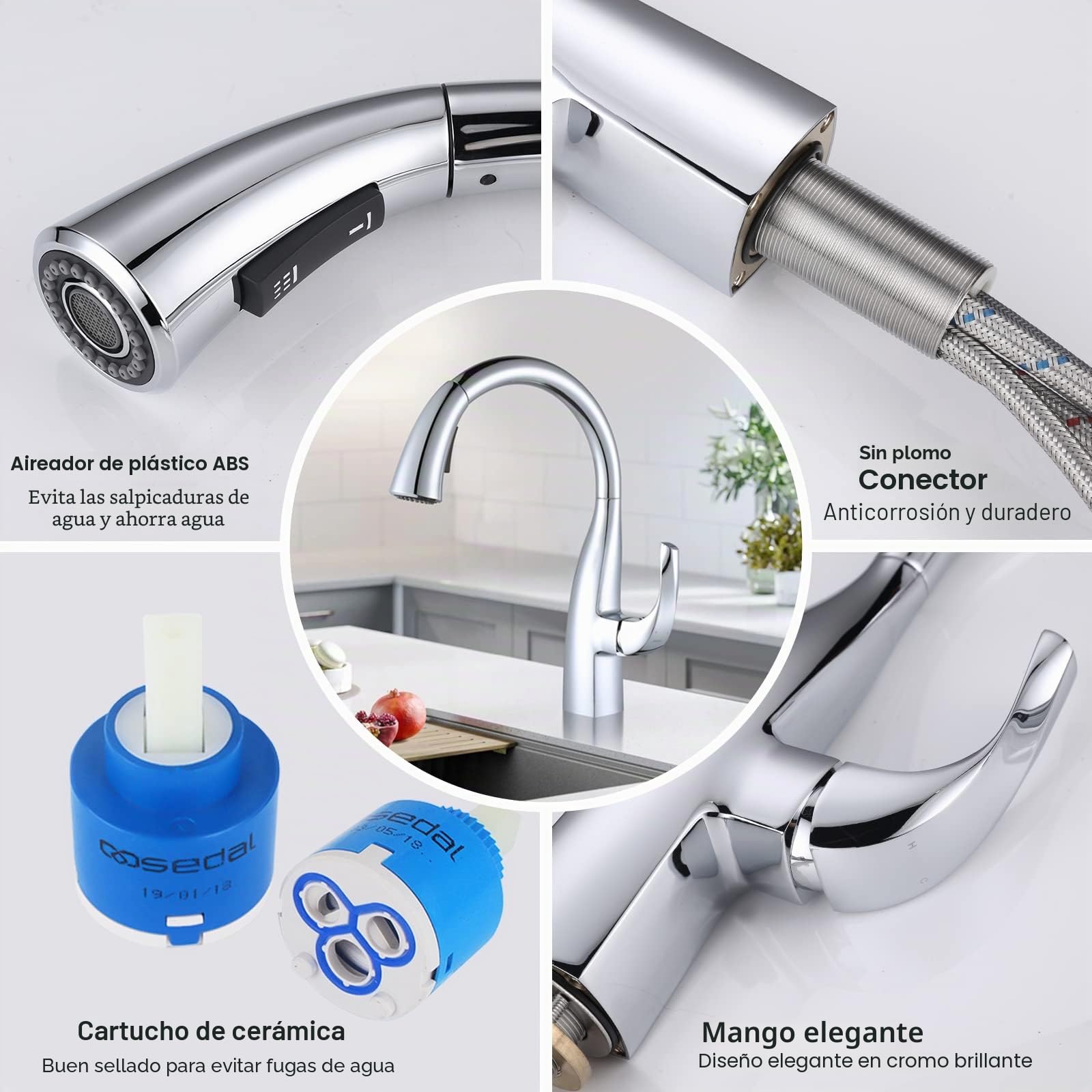 ARCORA Grifo Cocina Extraíble 360° Giratorio, Grifo Monomando Acero Inoxidable con 2 Modos de Chorro, Compatible con Fregadero Doble, Cromado