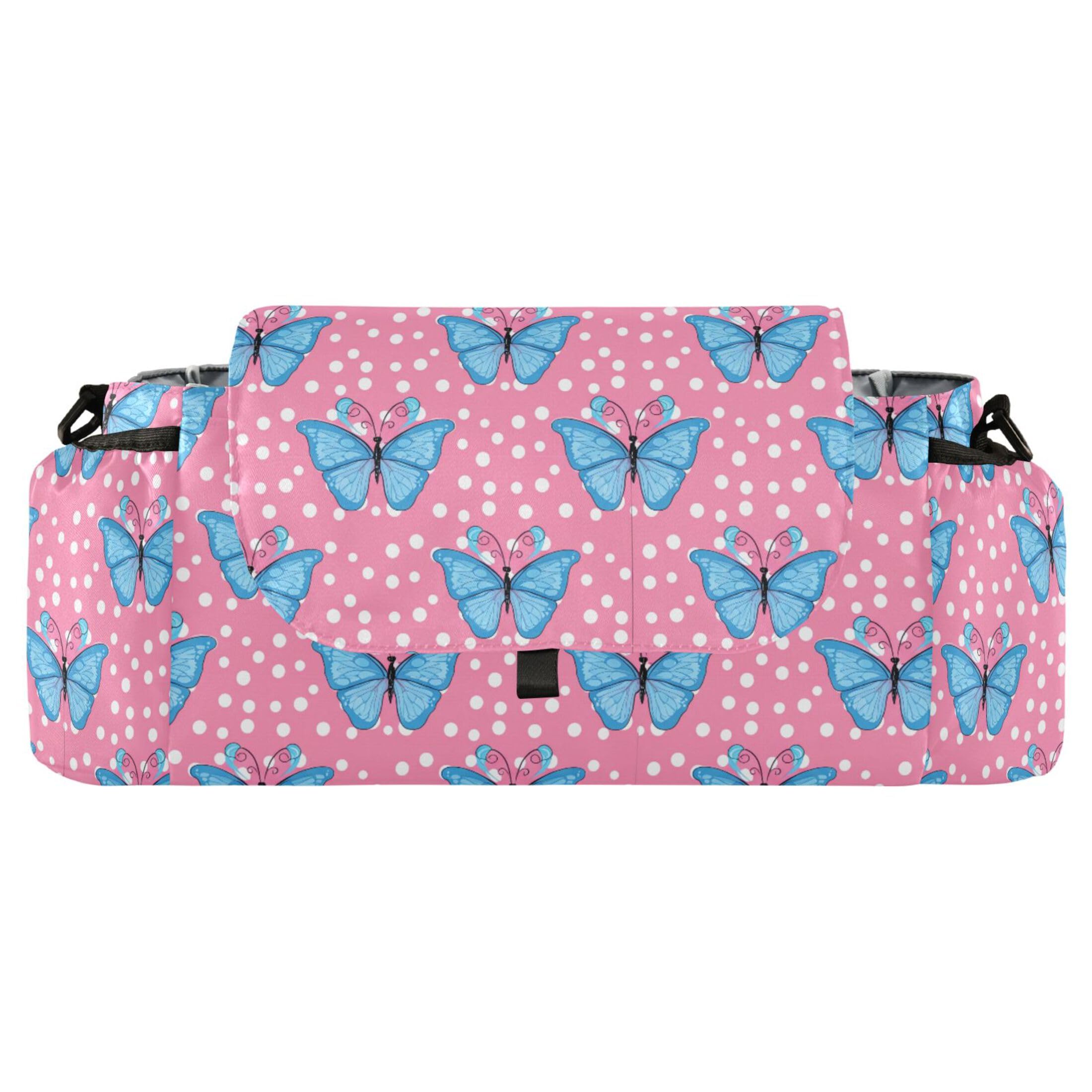 Burbuja Light Blue Butterflies Stroller Organizer with Insulated Cup Holders, Non-Slip Stroller Caddy Universal Fits Most Strollers, Nursery Accessories