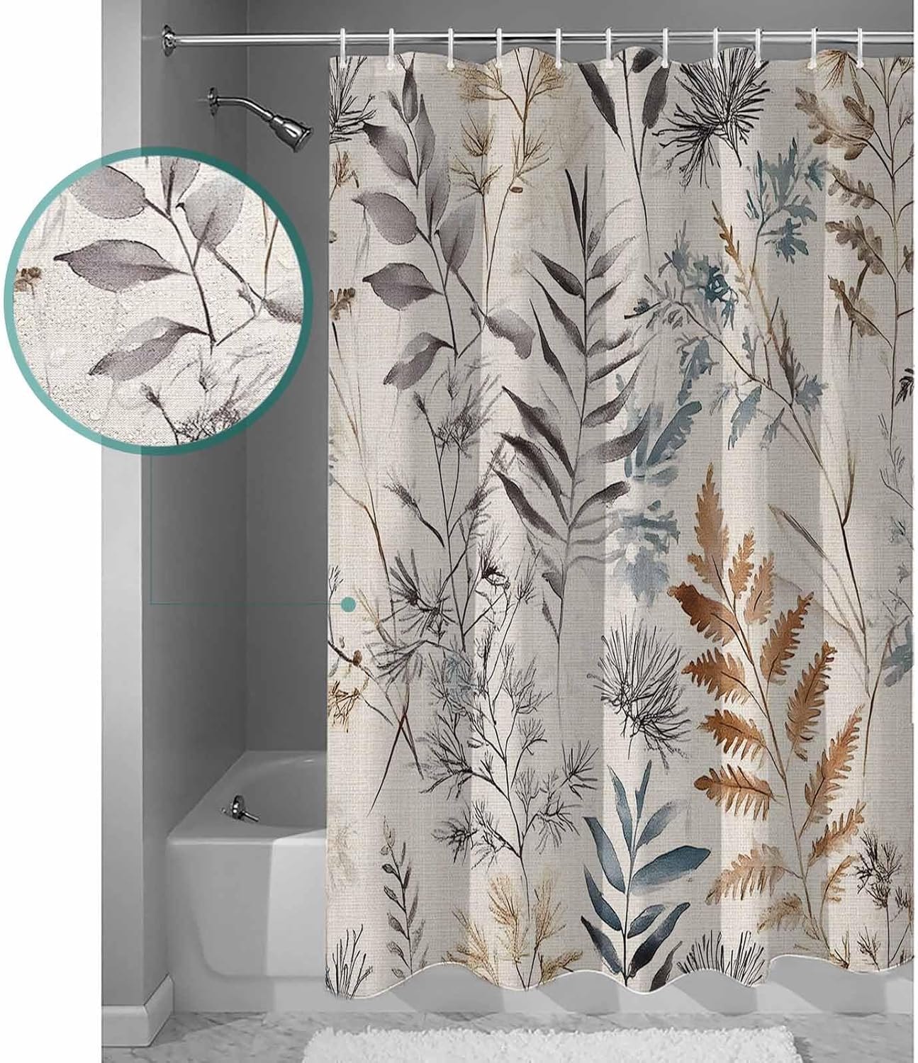 Farmhouse Leaves Waterproof Shower Curtains Set - Extra Long 72 x 96 Inch, Pastoral Vintage Flowers Botanical Polyester Fabric Bathroom Curtain with 12 Hooks, Bathroom Accessories, 1 Panel