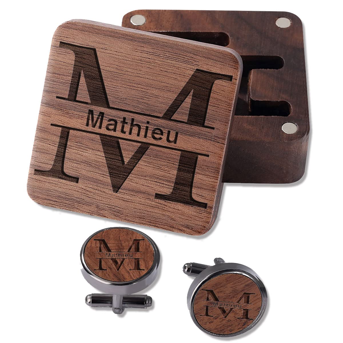 ANQIYI Gemelos personalizados para hombres Gemelos de boda grabados Regalos para el novio Mejor hombre, Gemelos de madera para papá Esposo con caja, Nombre personalizado Fecha o cualquier texto