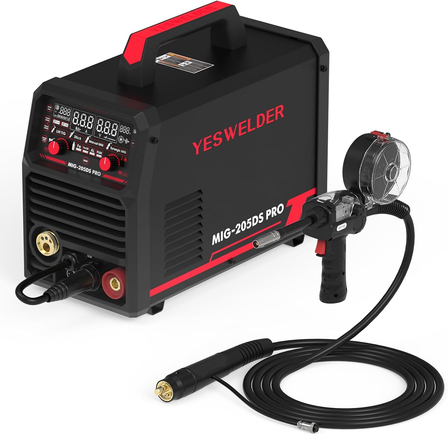 YESWELDER MIG-205DS PRO MIG Welder 5 in 1 Gas MIG/Flux Core MIG/Spool Gun MIG/Lift TIG/Stick & 150A Spool Gun LBT150 European Connector Welder with 2-Pin Control Switch