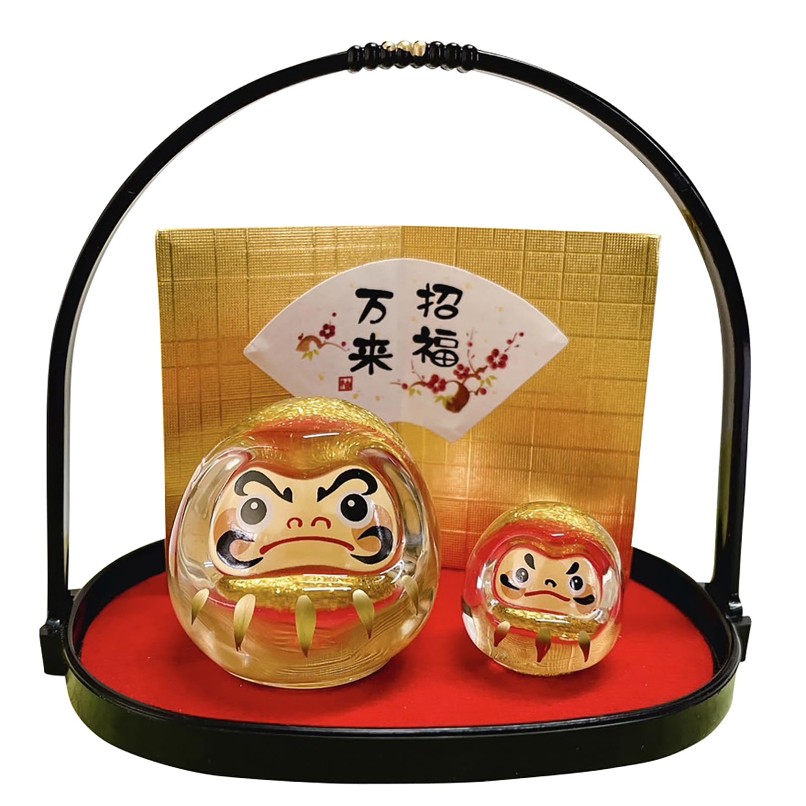 Glass Daruma Figurine Gold Color Display Set with Screen Tray 4.8in
