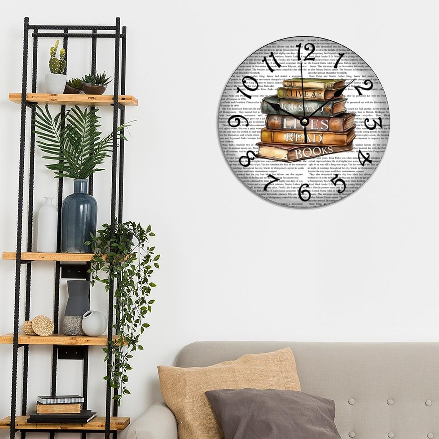 Books Wall Clock 15x15 Inches Farmhouse Kitchen Decor Gifts Bedroom PVC Clock Battery Operated Retro Wall Hanging PVC Wall Clocks for Living Room School Classroom