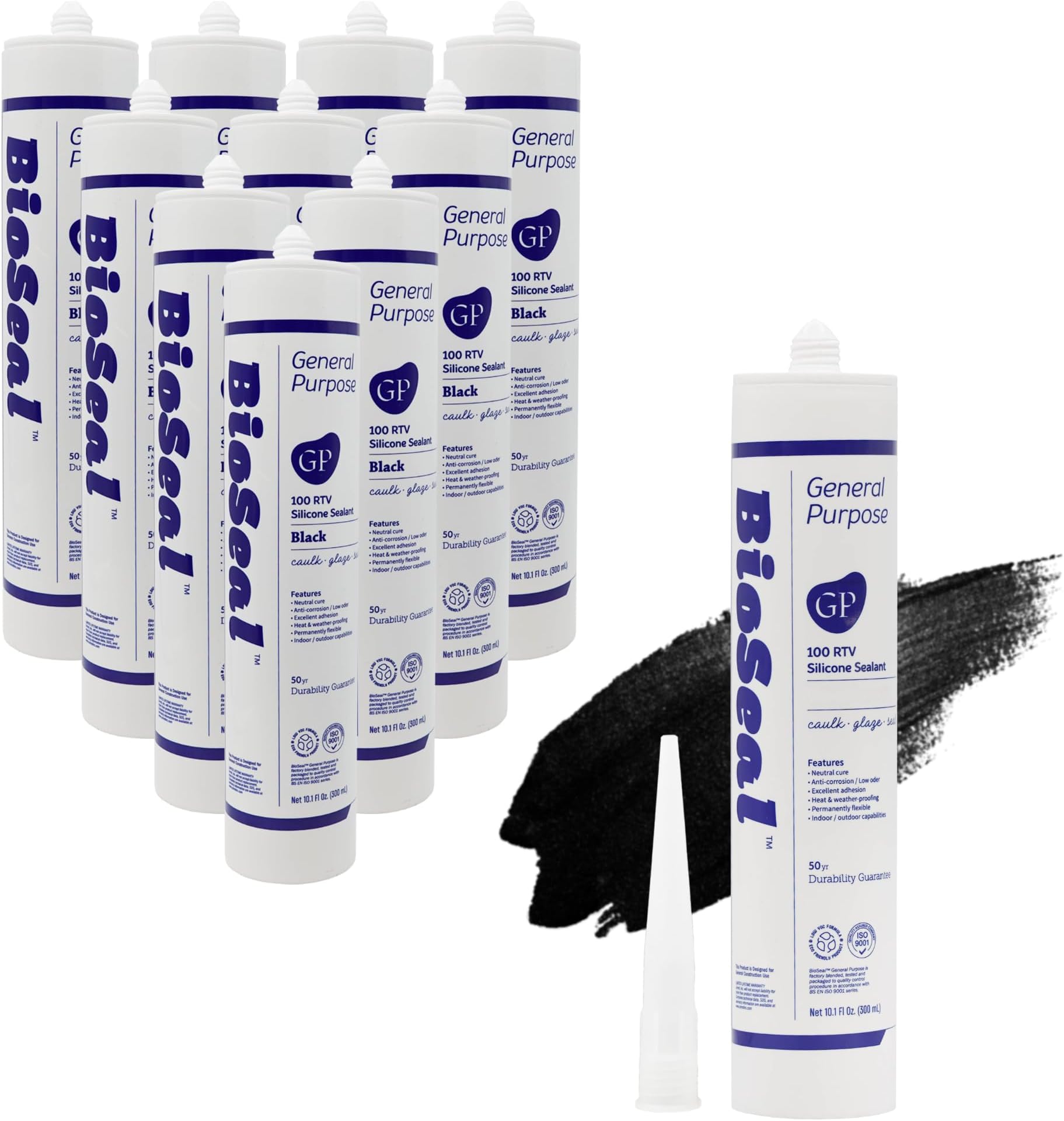Black BioSeal 100% Silicone Sealant Caulk General Purpose, Waterproof and No Odor 10.1 Ounce Cartridge -Black (10)