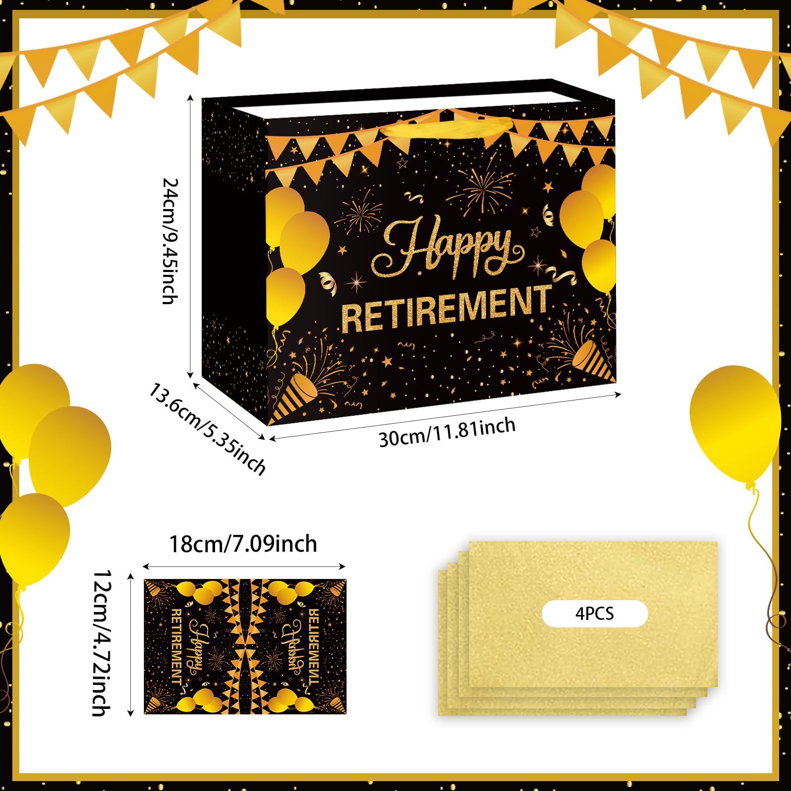 Hooqict Large Retirement Gift Bag Black Gold Happy Retirement Party Gift Bag with Handles, Wrapping Paper, Greeting Card for Men Women Coworker Teacher Farewell Going Away Party Favors
