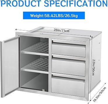 Outdoor Kitchen Drawer Combo Cabinet, Stainless Steel Triple Drawers with Integrated Access Door, 28 W x 22 H x 19.5 D Outdoor Built-in Cabinet for BBQ Island Grill Stations