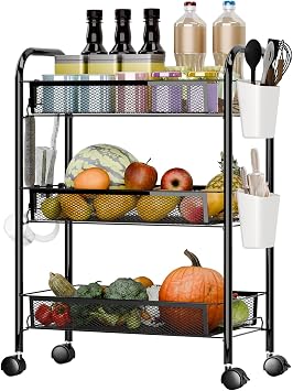 Fruit and Vegetable Basket Bowls for Kitchen with Metal Top Lid, 5 Tier Rotating Storage Rack Cart for Potato Onion Bread Banana, Wire Basket Organizer on Wheels Black, 3 Layers