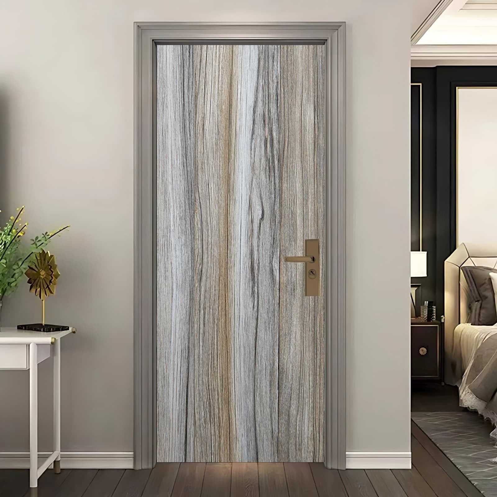 Sticker porte effet bois gris clair amovible 85x205 pour cacher les imperfections facilement