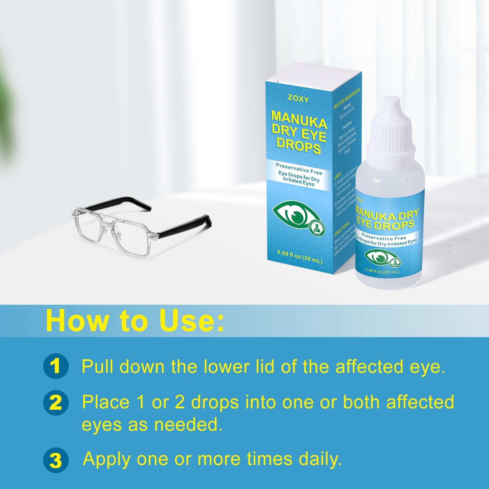 ZOXY Manuka Honey Eye Drops, Soothing and Hydrating Eye Drops for Dry Eyes, Irritated Eyes, Gentle Tear Replenishing Formula,0.68 FL OZ — Amazon image 4