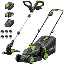 STEELITE 20V Electric Lawn Mower & 12-Inch 2-in-1 String Trimmer/Edger Combo, 13-Inch Cordless Mower with 4.0Ah + 2.0Ah Batteries & Charger, 5 Replacement Spools for Small Lawns