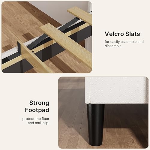 Miniatura 14 de Gizoon Base de cama Queen con cabecera de ala, plataforma tapizada con cabecera geométrica moderna, listones de madera, sin ruido, no necesita