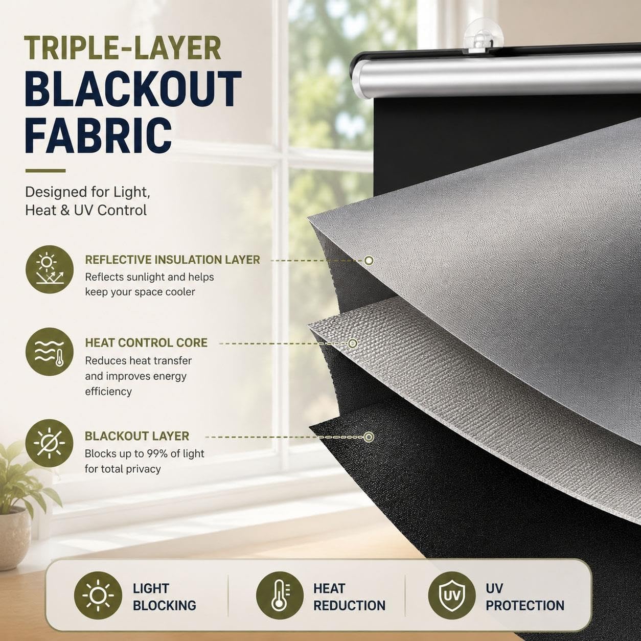 Store Enrouleur Occultant à Ventouses pour Fenêtres, Store Rétractable à Tirer sans Perçage, Protection Solaire et Intimité pour Chambre, Bureau, Cuisine, Camping-Car(W 65 x 160 cm)