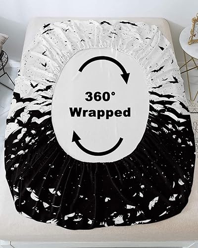 Miniatura 4 de Juego de sábanas bajeras de 3 piezas con diseño de murciélagos voladores negros espeluznantes de Halloween para cama tamaño King, sábana de bolsillo