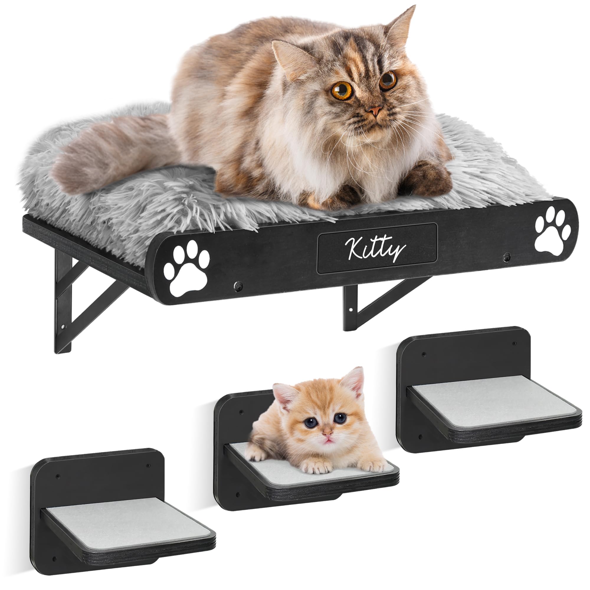 Cat Hammock Cat Shelves with Plush Cushion and 3 Large Cat Wall Steps, Cat Wall Furniture Cat Wall Shelves with Plush Covered, Cat Climbing Shelf Cat Scratching Post for Indoor, Gift for Cat