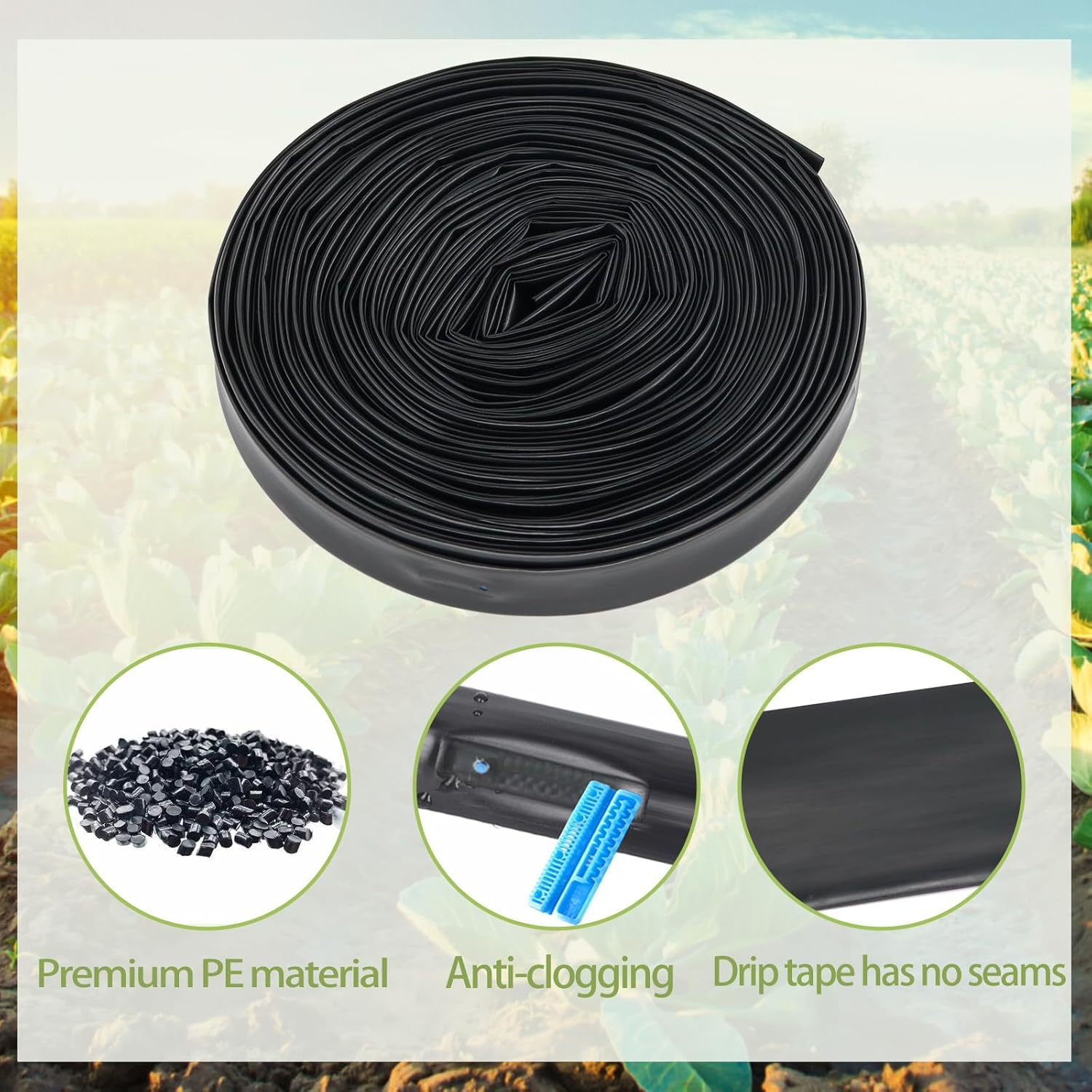 Kit de cinta de riego por goteo de 100 pies y 5/8 pulgadas, espaciado del emisor de 6 pulgadas con 20 conectores de cinta de goteo y 20 extremos de fila de cinta de goteo, equipo automático para riego