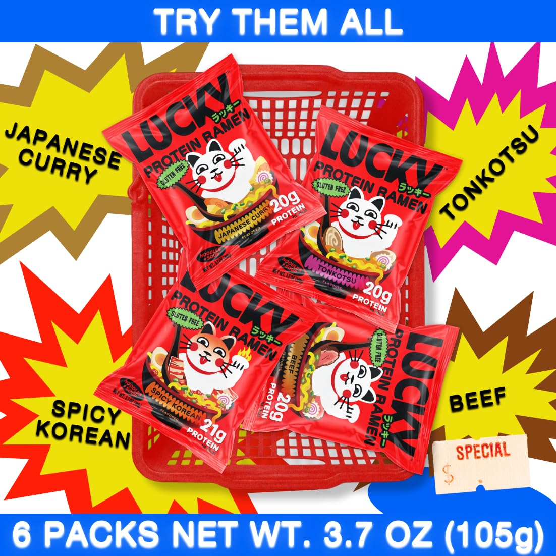 Lucky High Protein, Gluten Free Ramen Noodles, Beef Flavor | 20g Protein | No MSG, Air Dried, Vegan, Reduced Sodium, Healthy, Vegetarian | Rice Ramen + Soup | Instant, Ready in 8 Minutes | 6-Pack