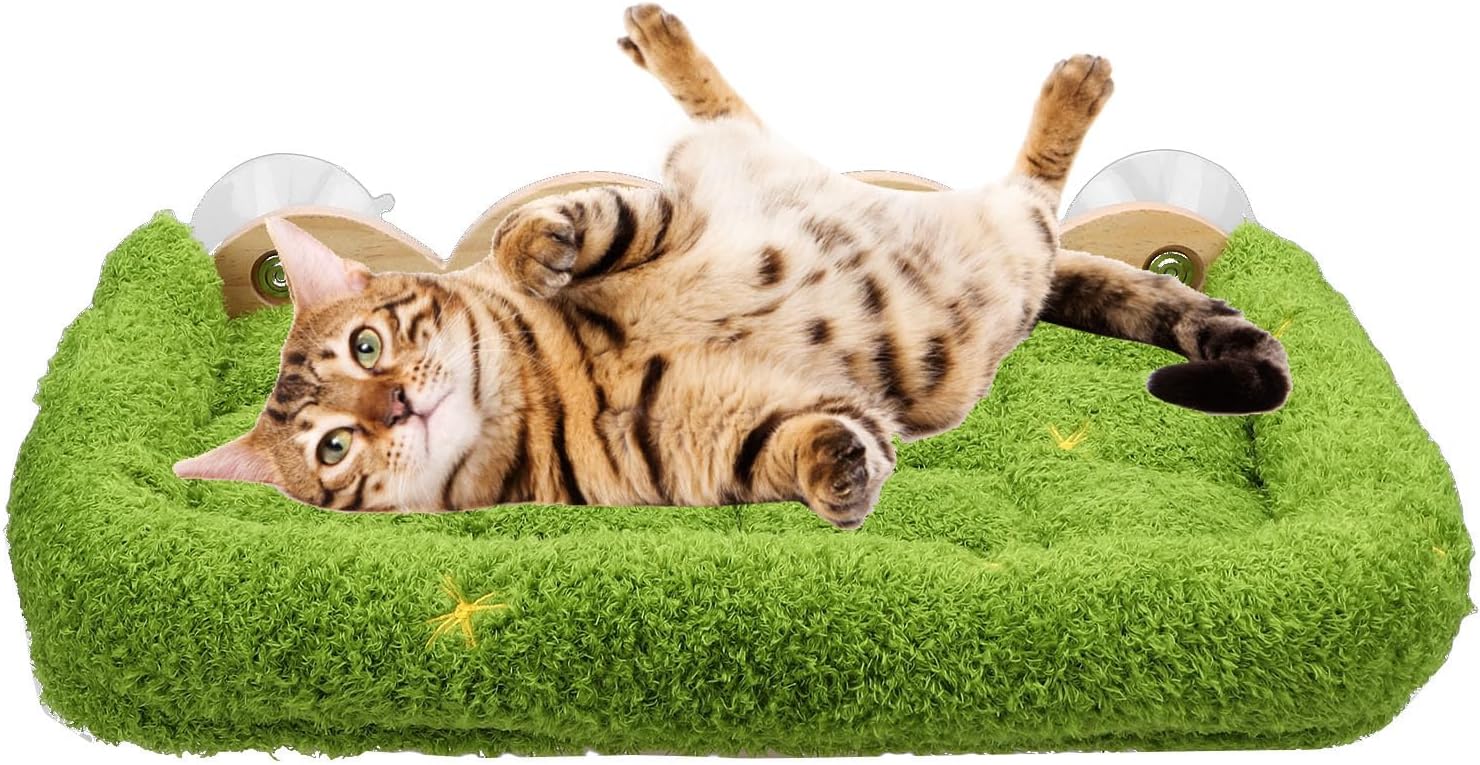 Cordless Cat Window Perch, Cat Window Hammock,Sturdy Solid Wood Frame with Plush Climbing Pad Strong Suction Cup Design Elegant Aesthetic for Indoor Pet Home Decor