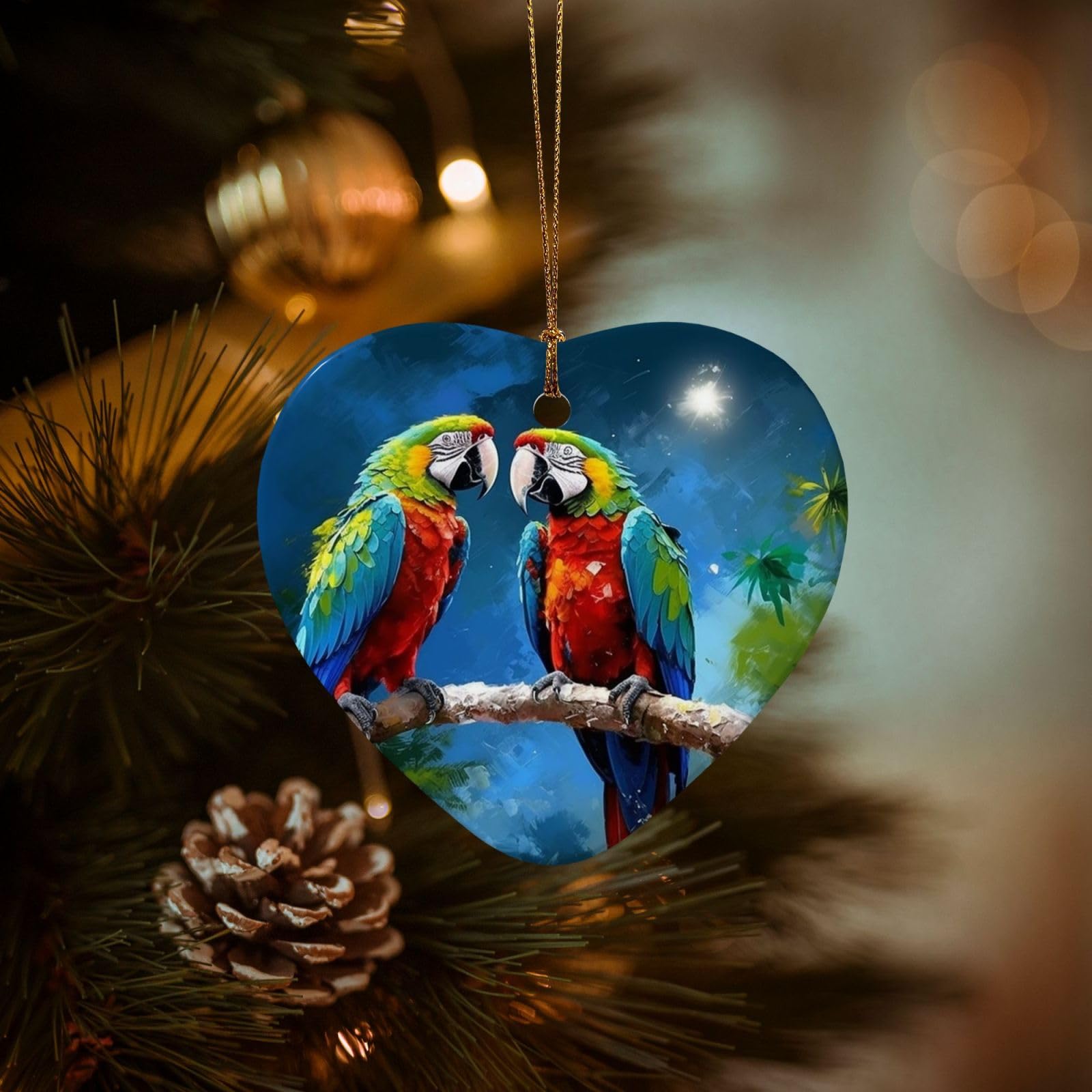 Christmas Ornaments for Christmas Tree Decoration Hanging Parrots Ornament with Gold Ribbon Crafts Heart Shape Ceramic Pendant for Keepsake Gifts Xmas Decor Party Supplies
