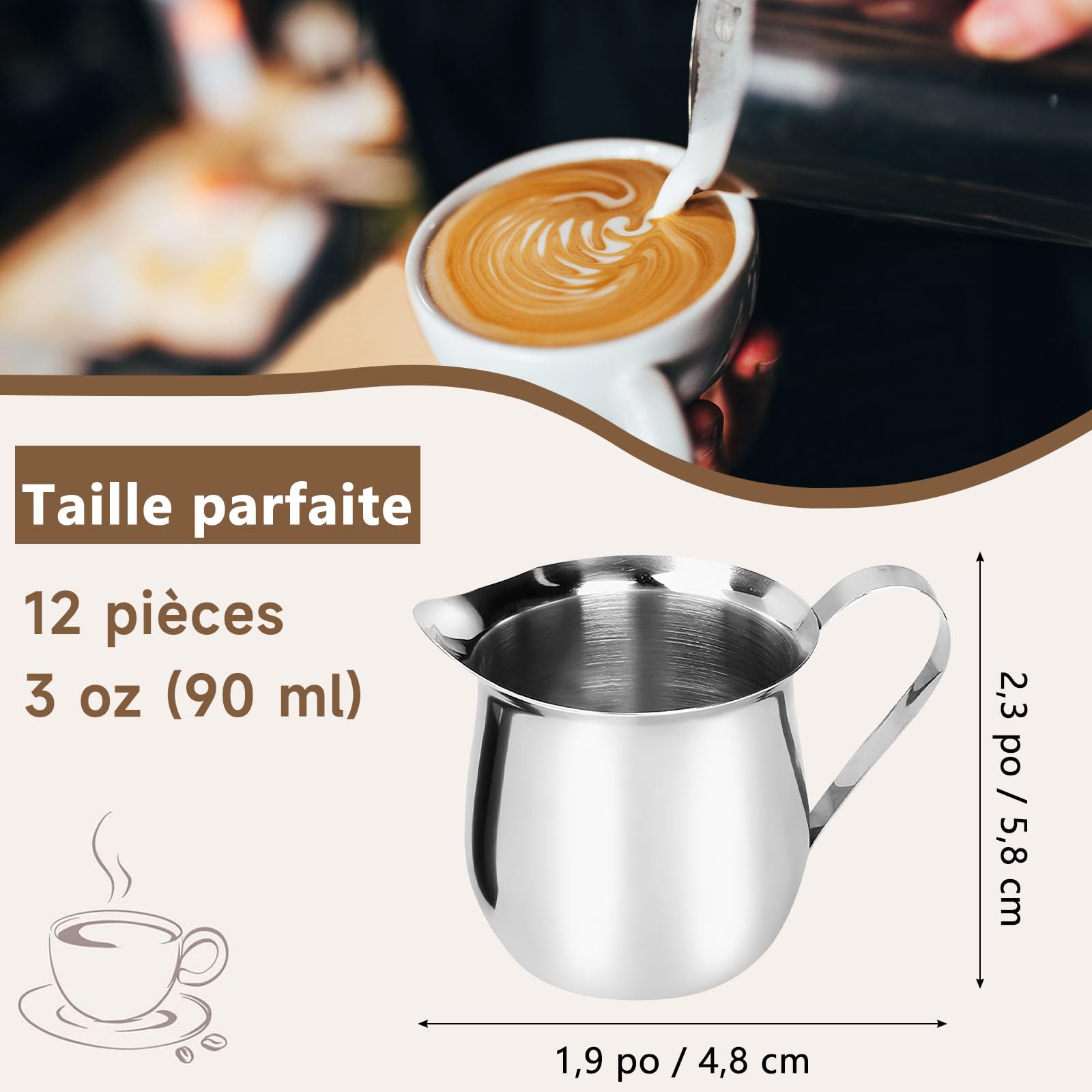 Lot de 12 petits pots à lait en acier inoxydable, pichet à lait de 90 ml
