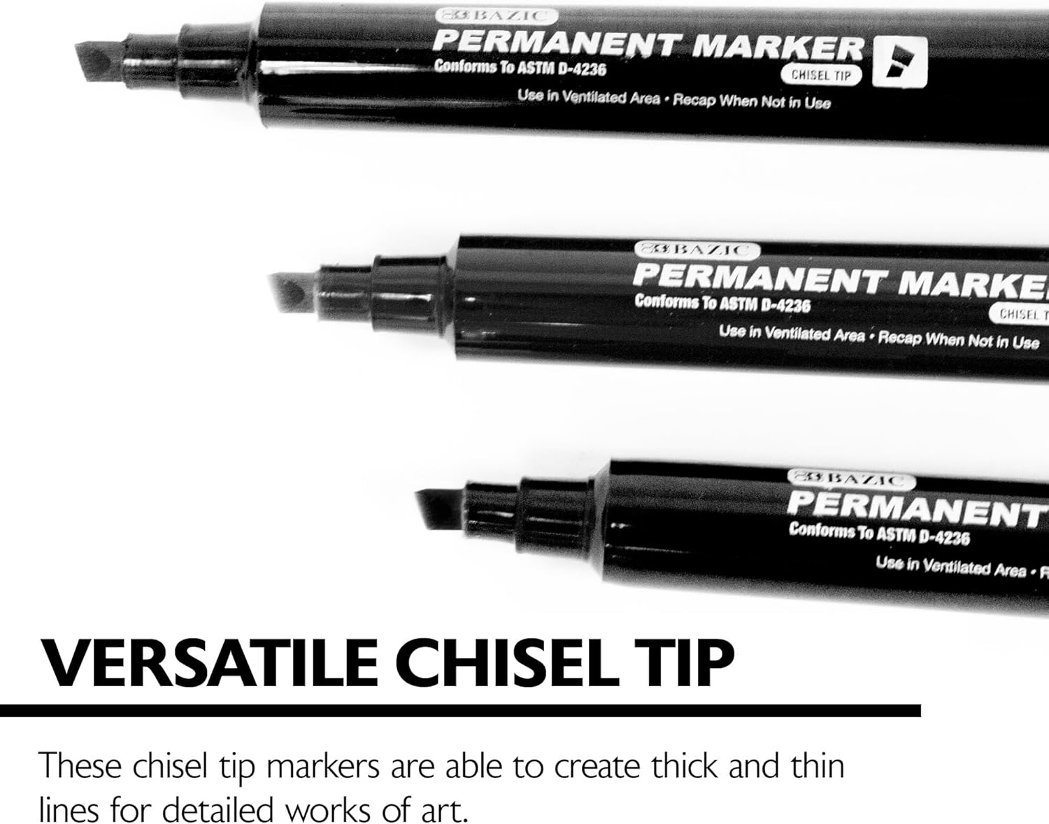 BAZIC PRODUCTS Permanent Marker Chisel Tip, Jumbo Wide Black Color Markers, Coloring on Plastic Wood Metal Glass Stone for Art Office (3/Pack), 1-Pack