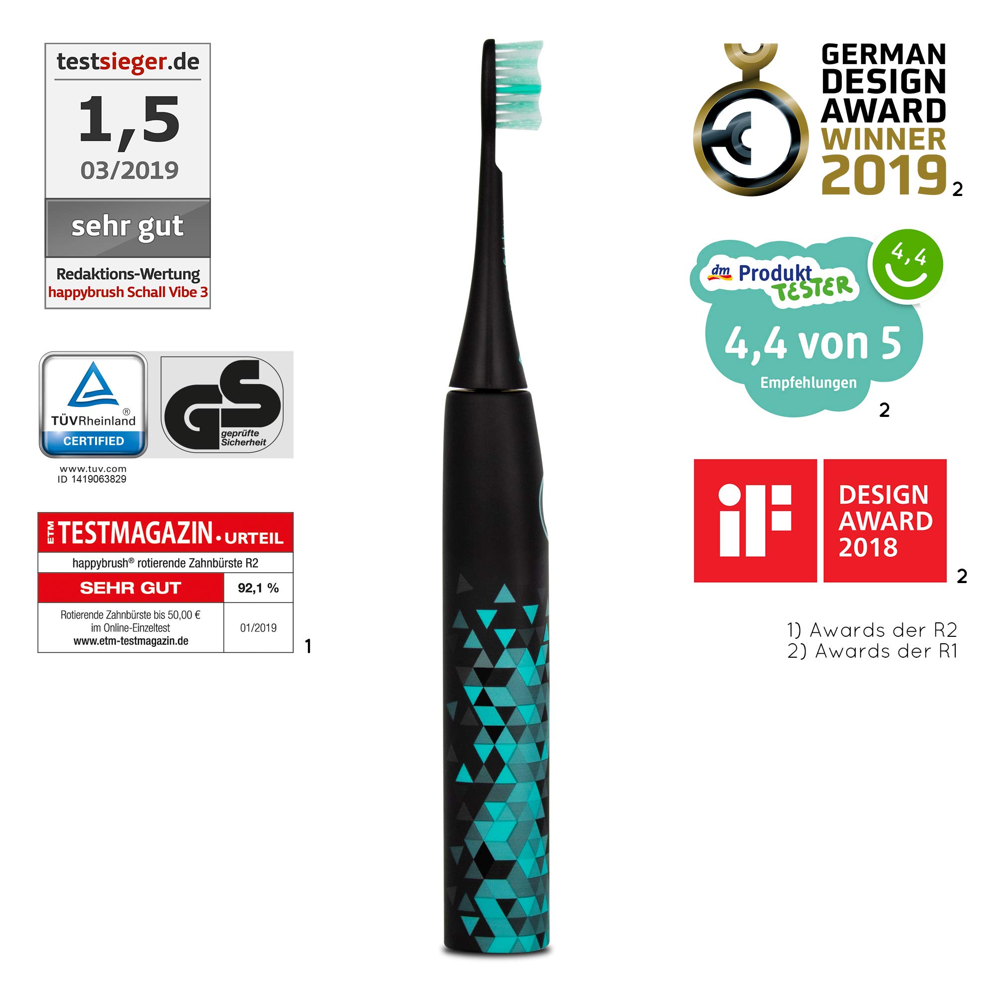 happybrush® Elektrische Schallzahnbürste | Elektrische Zahnbürste Schall VIBE 3 Schwarz mit Aufsteckbürste (-)