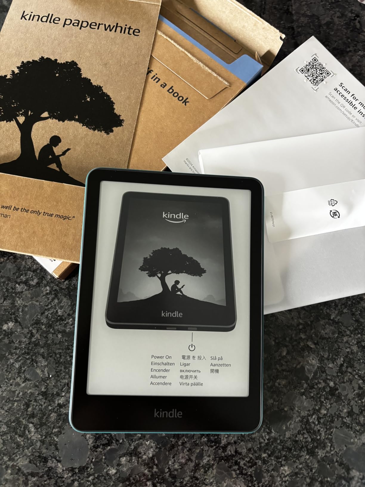 Kindle Paperwhite unboxed on desk