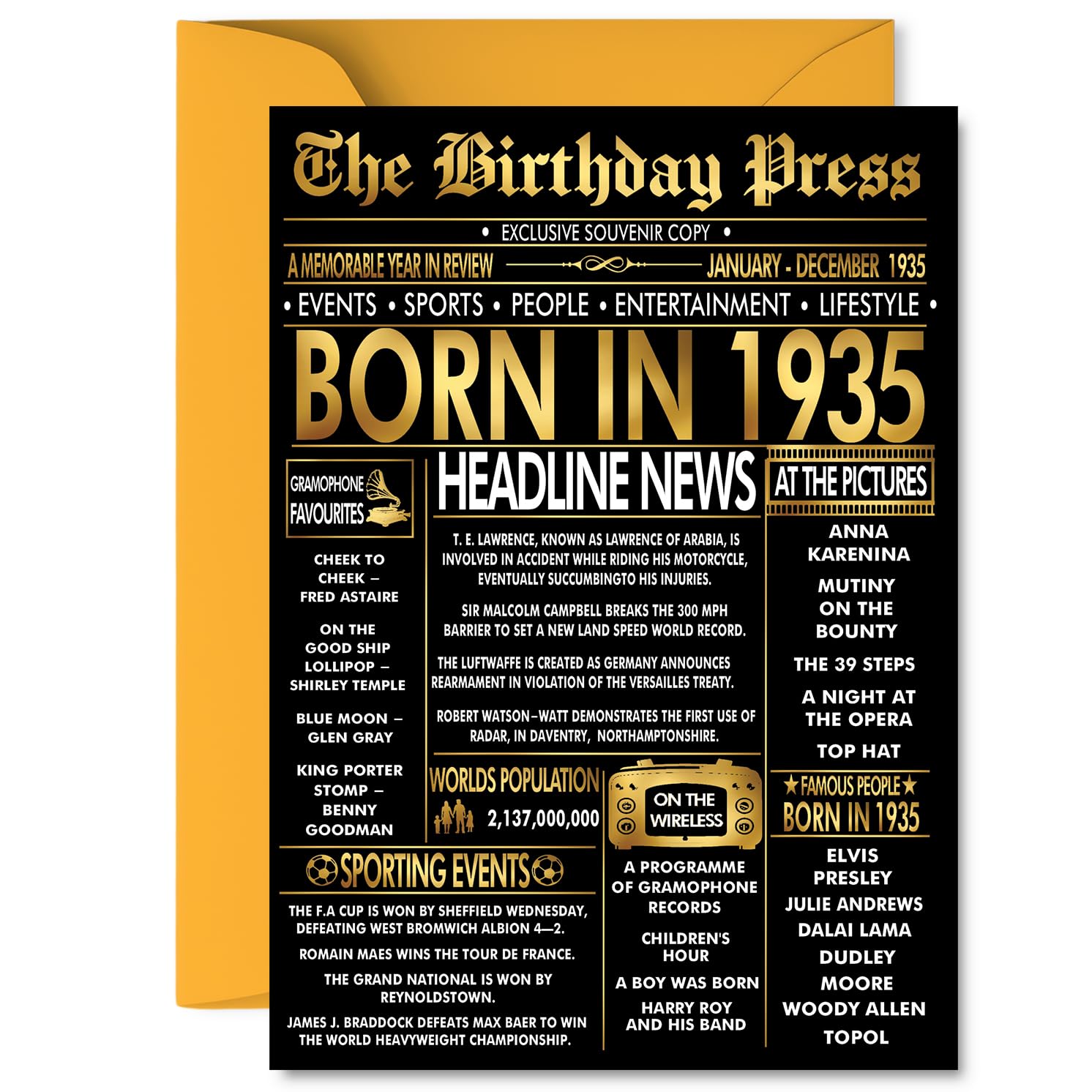 Gold 91st Birthday Card for Men Women - Black & Golden Newspaper Born in 1935 - Happy 91 Birthday Cards for Dad Nan Grandad Wife Auntie Nanny, 5x7 Inch Bday Greeting Cards