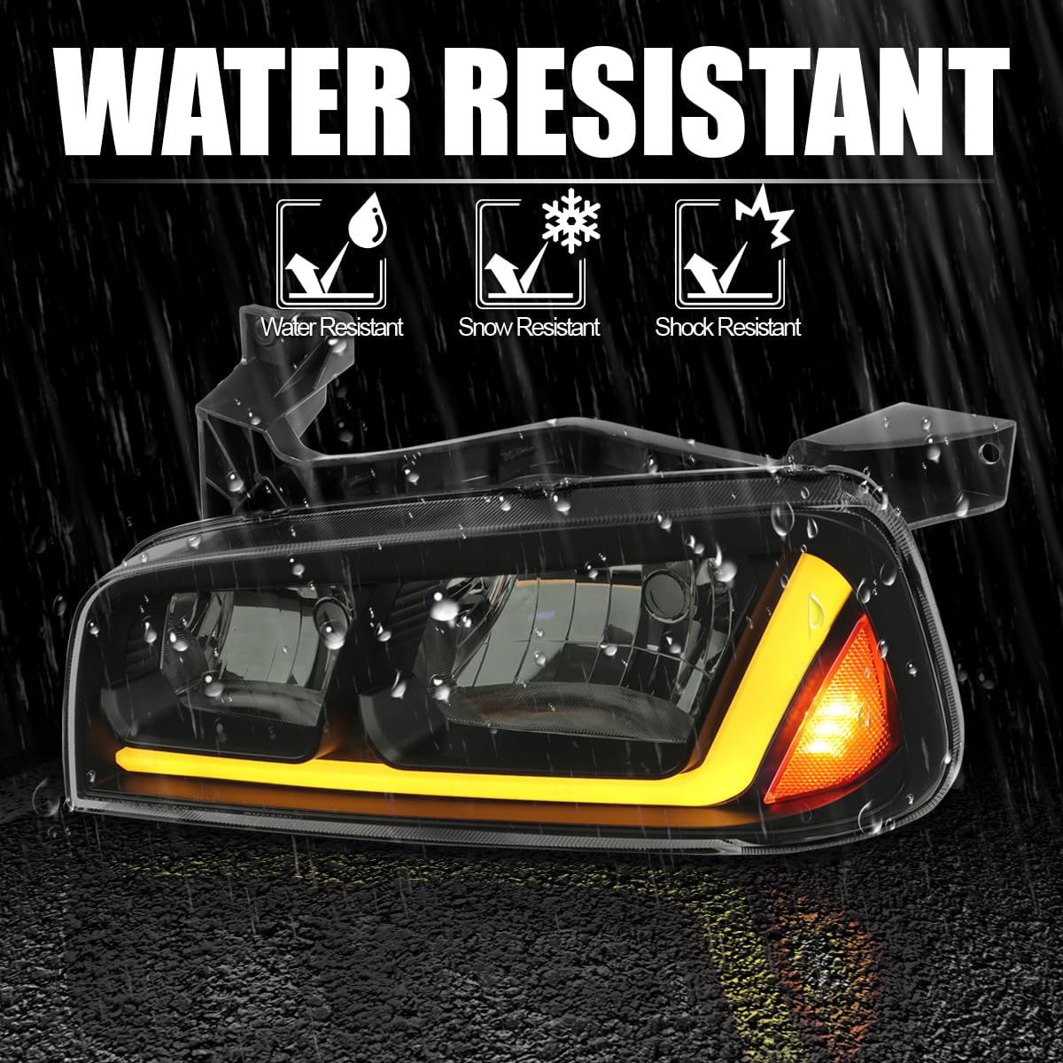 SPEC-D TUNING Black Smoke Headlights w/Fiber Optic LED Strip and Turn Signal Light Compatible with 2006-2010 Dodge Charger 4Dr Sedan, Left + Right Pair Headlamp Assembly